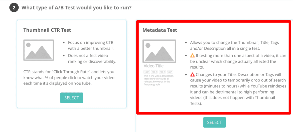 Best title for YouTube video: The TubeBuddy A/B test interface showing options for a "Thumbnail CTR Test" and a "Metadata Test"