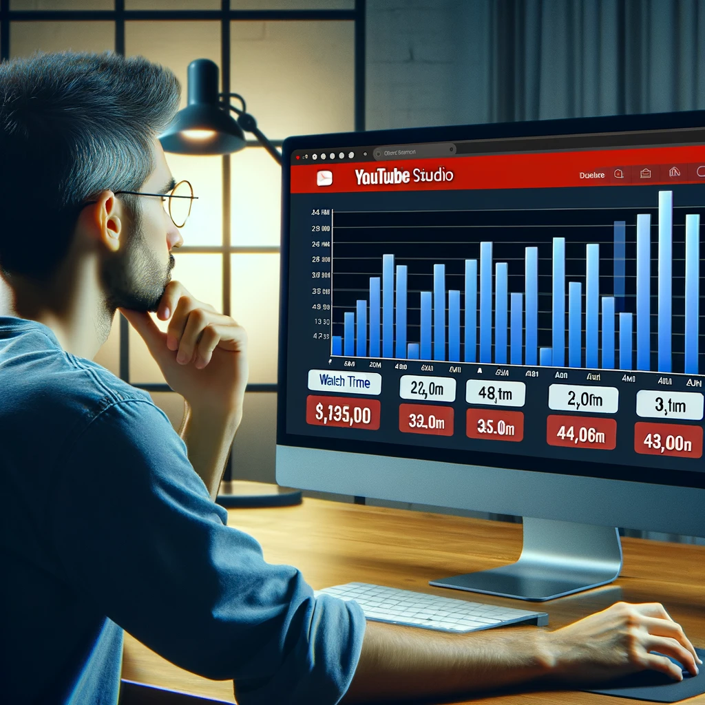 A content creator evaluates the watch time analytics on YouTube Studio, with a detailed bar chart on the screen indicating hours spent by viewers, essential for understanding the YouTube algorithm. This visual highlights the significance of watch time as a metric for video performance within the YouTube algorithm.